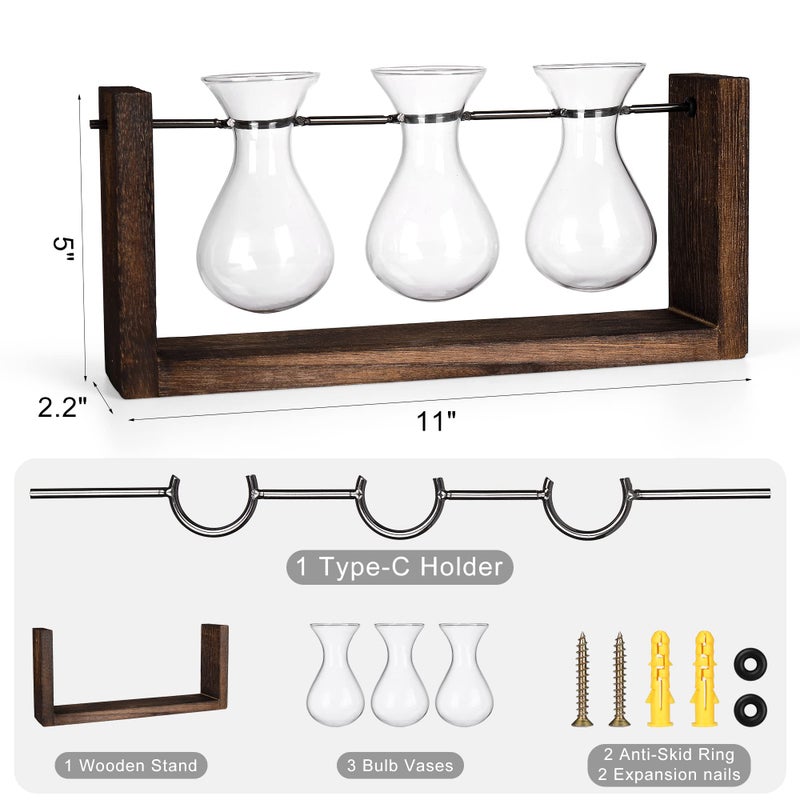 YIBOT Plants Propagation Stations with Wooden Stand  Wall Hanging Glass Planter Tabletop Terrarium Bulb Vase for Hydroponics Plants Home Office Decor-3 Vase - Image 3